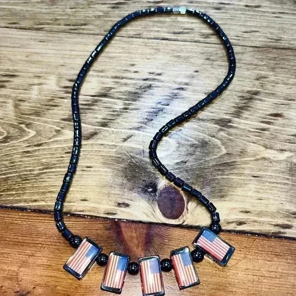 Hematite American flag patriotic necklace, 4th of July, unisex